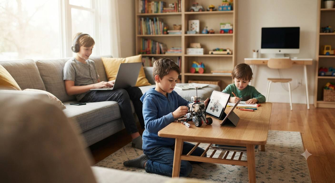 A parent and child laughing while looking at a tablet together, emphasizing co-viewing.