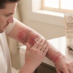 Person gently applying fragrance-free moisturizer to arm to manage eczema flare-up.