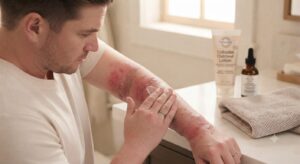 Person gently applying fragrance-free moisturizer to arm to manage eczema flare-up.
