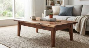 A beautifully finished handcrafted coffee table made of solid walnut in a modern living room.