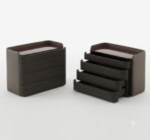 Minimalist modern bedside chest with two drawers in a bright, organized bedroom