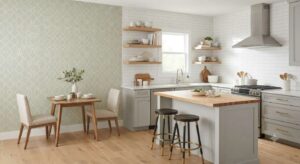 Modern kitchen with vinyl-coated geometric wallpaper on an accent wall.