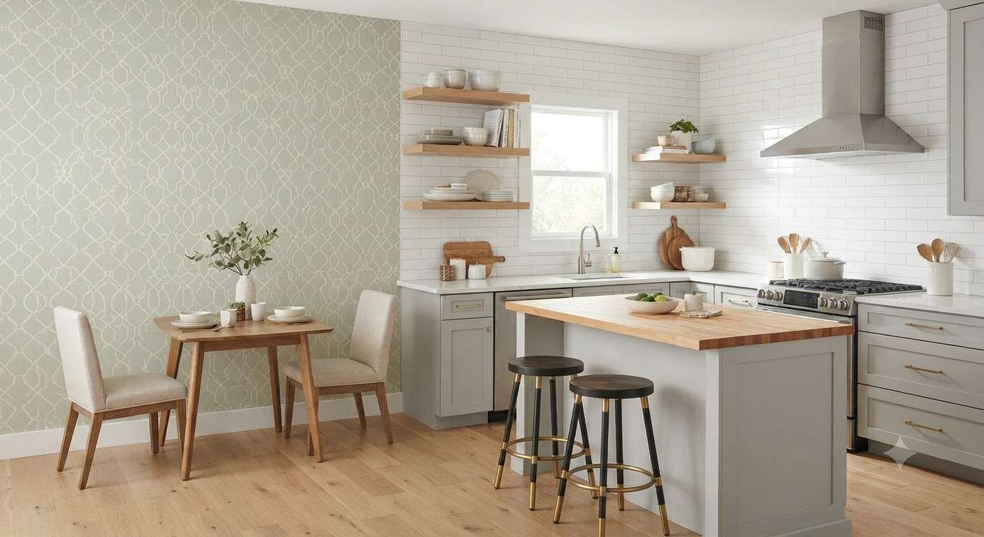 Modern kitchen with vinyl-coated geometric wallpaper on an accent wall.