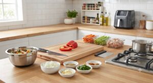 "Organized modern kitchen counter with prepped ingredients, cutting board, and air fryer for efficient workflow."