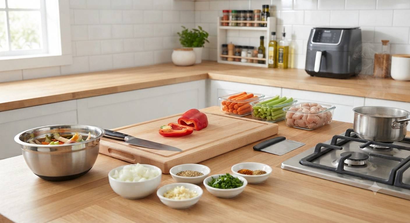 "Organized modern kitchen counter with prepped ingredients, cutting board, and air fryer for efficient workflow."