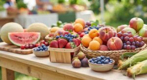 Fresh colorful seasonal fruits displayed at a local market," "Close up of seasonal berries in a wooden basket.