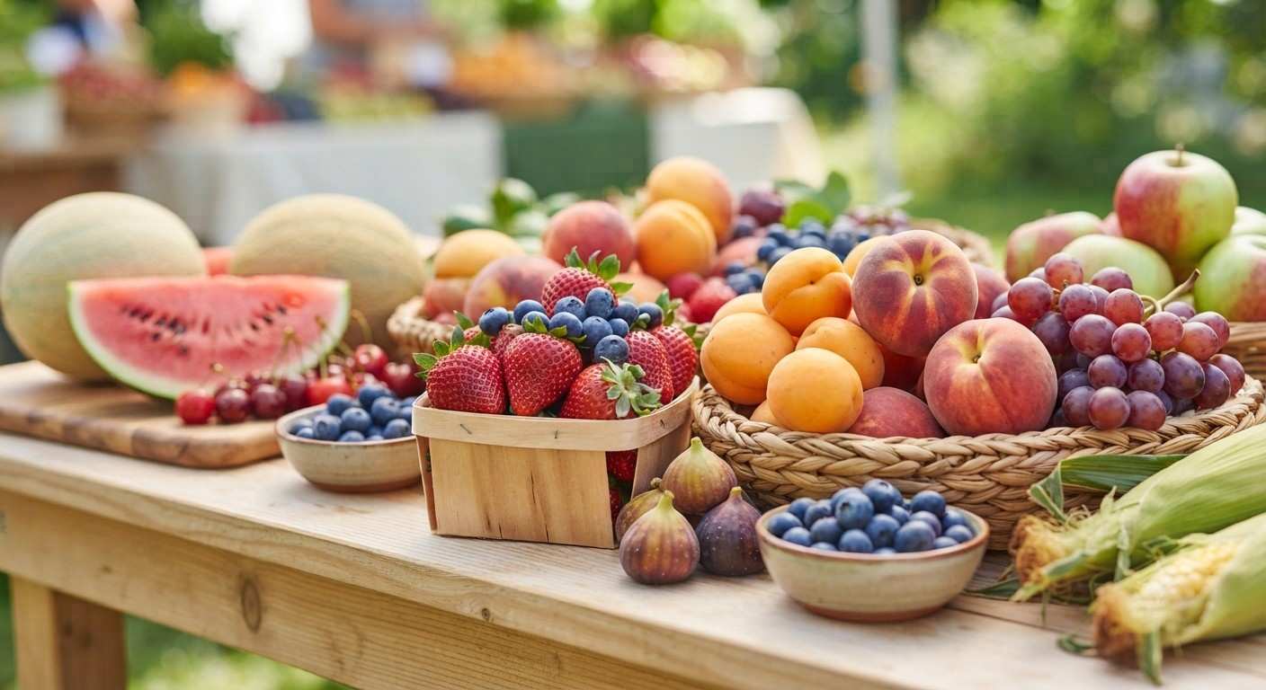 Fresh colorful seasonal fruits displayed at a local market," "Close up of seasonal berries in a wooden basket.