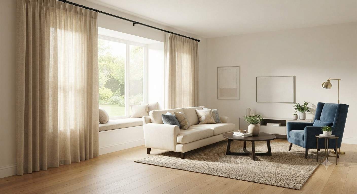 Living room with floor-to-ceiling linen curtains allowing natural light.