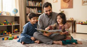 A parent and child sharing a moment of connection while reading a book together.