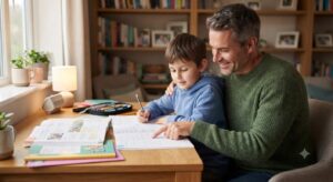 A supportive parent helping their child study at a desk, promoting a calm and productive learning environment.