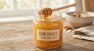 A glass jar of raw, unfiltered honey with a wooden honey dipper resting on top, placed on a rustic wooden table with almonds in the background