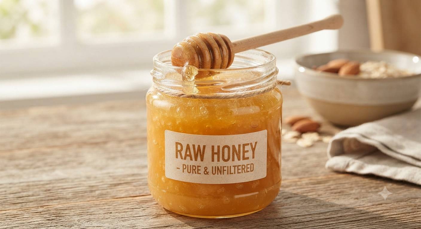 A glass jar of raw, unfiltered honey with a wooden honey dipper resting on top, placed on a rustic wooden table with almonds in the background