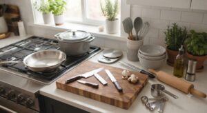 A professional 8-inch stainless steel chef's knife resting on a wooden cutting board.